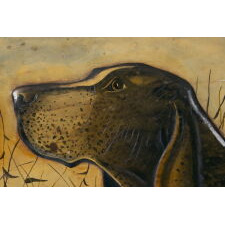 PAINTING OF A GERMAN SHORTHAIRED POINTER ON HAND-CARVED WOODEN PANEL, circa 1910-1930’s, AMERICAN, POSSIBLY OF MICHIGAN ORIGIN