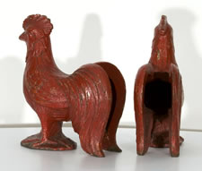 PAIR OF CAST IRON ROOSTERS IN SCARLET RED POLYCHROME PAINT, CA 1870-1890