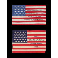 PAIR OF EXTRAORDINARY CIVIL WAR VETERAN’S FLAGS WITH HIGHLY UNUSUAL OVERPRINTS THAT INCLUDE REGIMENTAL DESIGNATIONS FROM THE 5th NEW YORK HEAVY ARTILLERY & THE 115th NEW YORK VOLUNTEER INFANTRY; EACH WITH A DIFFERENT ANTICIPATORY STAR COUNT (46 STARS IN 1902 & 48 STARS IN 1905)