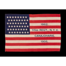 PAIR OF EXTRAORDINARY CIVIL WAR VETERAN’S FLAGS WITH HIGHLY UNUSUAL OVERPRINTS THAT INCLUDE REGIMENTAL DESIGNATIONS FROM THE 5th NEW YORK HEAVY ARTILLERY & THE 115th NEW YORK VOLUNTEER INFANTRY; EACH WITH A DIFFERENT ANTICIPATORY STAR COUNT (46 STARS IN 1902 & 48 STARS IN 1905)