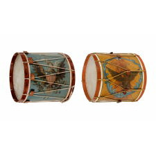 PAIR OF MAMMOTH, PAINT-DECORATED, AMERICAN LONG DRUMS OF EXQUISITE QUALITY, BOTH PAINTED ALL-THE-WAY AROUND, ONE WITH A DYNAMIC EAGLE & 14 STARS ON A PRUSSIAN BLUE GROUND, THE OTHER WITH A GOLD EAGLE & 16 STARS, IN A BLUE WREATH, ON A YELLOW & ORANGE GRAIN-DECORATED GROUND, BOTH MADE circa 1845 - 1865