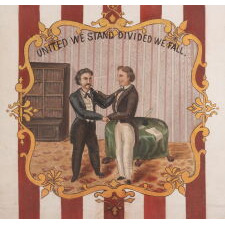 HAND-PAINTED PATRIOTIC BANNER WITH THE SEAL OF THE STATE OF KENTUCKY AND SPECTACULAR PRESENTATION, WITH GREAT FOLK QUALITIES, PROBABLY MADE FOR THE 1868 DEMOCRAT NATIONAL CONVENTION IN NEW YORK CITY