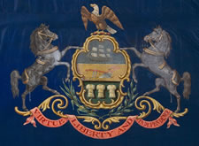 PRE-1875 PENNSYLVANIA STATE STANDARD, HAND-PAINTED CREST ON SILK, BULLION FRINGE