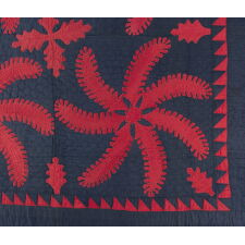 PRINCESS FEATHER QUILT IN PATRIOTIC COLORS, STUNNING & HIGHLY UNUSUAL WITH SOLID RED ON A DARK BLUE GROUND, CIRCA 1870-1885