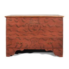 QUEEN ANNE PERIOD BLANKET CHEST, CONNECTICUT RIVER VALLEY, PROBABLY MASSACHUSETTS, WITH BLACK DECORATION ON A RED GROUND, THAT INCLUDES TWO WHIMSICAL FACES, ca 1740-1760