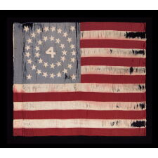 RARE AND BEAUTIFUL 38 STAR ANTIQUE AMERICAN FLAG, AN INDIAN WARS PERIOD FLANK GUIDON OF THE 4th U.S. INFANTRY, WITH A MEDALLION CONFIGURATION SURROUNDING THE NUMERAL “4,” AND EXTRAORDINARY PRESENTATION FROM LEGITIMATE USE; REFLECTS THE PERIOD WHEN COLORADO WAS THE MOST RECENT STATE TO JOIN THE UNION, circa 1876-1889