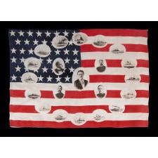 RARE & BEAUTIFUL AMERICAN PARADE FLAG WITH IMAGES OF TEDDY ROOSEVELT AND HIS GREAT WHITE FLEET, 1907-1909, EX-RICHARD PIERCE COLLECTION