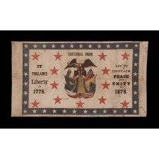 RARE 1876 CENTENNIAL BANNER WITH PATRIOTIC PHRASES, AN EAGLE, CARRYING THE LIBERTY BELL AMIDST TIPPED FLAGS OF 6 NATIONS, AND 13 LARGE, RED STARS, ALL SET WITHIN A BLUE BORDER WITH 37 WHITE STARS
