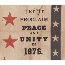RARE 1876 CENTENNIAL BANNER WITH PATRIOTIC PHRASES, AN EAGLE, CARRYING THE LIBERTY BELL AMIDST TIPPED FLAGS OF 6 NATIONS, AND 13 LARGE, RED STARS, ALL SET WITHIN A BLUE BORDER WITH 37 WHITE STARS
