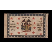 RARE 1876 CENTENNIAL BANNER WITH PATRIOTIC PHRASES, AN EAGLE, CARRYING THE LIBERTY BELL AMIDST TIPPED FLAGS OF 6 NATIONS, AND 13 LARGE, RED STARS, ALL SET WITHIN A BLUE BORDER WITH 37 WHITE STARS