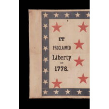 RARE 1876 CENTENNIAL BANNER WITH PATRIOTIC PHRASES, AN EAGLE, CARRYING THE LIBERTY BELL AMIDST TIPPED FLAGS OF 6 NATIONS, AND 13 LARGE, RED STARS, ALL SET WITHIN A BLUE BORDER WITH 37 WHITE STARS