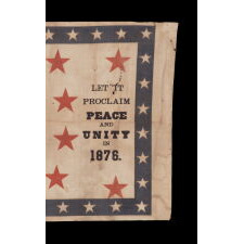 RARE 1876 CENTENNIAL BANNER WITH PATRIOTIC PHRASES, AN EAGLE, CARRYING THE LIBERTY BELL AMIDST TIPPED FLAGS OF 6 NATIONS, AND 13 LARGE, RED STARS, ALL SET WITHIN A BLUE BORDER WITH 37 WHITE STARS
