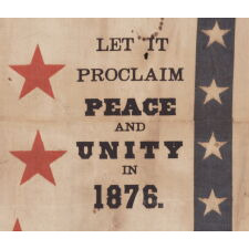 RARE 1876 CENTENNIAL BANNER WITH PATRIOTIC PHRASES, AN EAGLE, CARRYING THE LIBERTY BELL AMIDST TIPPED FLAGS OF 6 NATIONS, AND 13 LARGE, RED STARS, ALL SET WITHIN A BLUE BORDER WITH 37 WHITE STARS