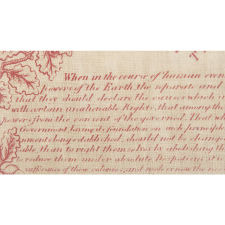 RARE AND EXCEPTIONAL 1821 PRINTING OF THE DECLARATION OF INDEPENDENCE, ONE OF THE TWO EARLIEST RENDERINGS ON CLOTH, PRODUCED AND DISTRIBUTED BY COLLIN GILLESPIE (OF SCOTLAND AND NEW YORK) FOR THE AMERICAN MARKET