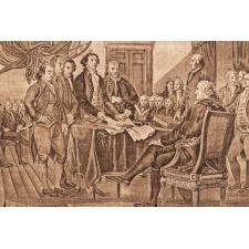 RARE, LARGE SCALE KERCHIEF WITH A BEAUTIFULLY ENGRAVED IMAGE OF JOHN TRUMBULL’S “DECLARATION OF INDEPENDENCE,” LIKELY MADE IN 1826 FOR OUR NATIONS SEMICENTENNIAL (50TH ANNIVERSARY); THE ONLY EXAMPLE I HAVE EVER SEEN OF THIS EXCEPTIONALLY RARE TEXTILE THAT RETAINS ITS ORIGINAL, RED COLORATION