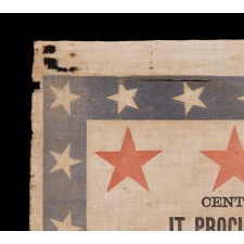 RARE, SWALLOWTAIL FORMAT, 1876 CENTENNIAL BANNER, WITH PATRIOTIC PHRASES, AN EAGLE, CARRYING THE LIBERTY BELL AMIDST TIPPED FLAGS OF 6 NATIONS, AND 13 LARGE, RED STARS, ALL SET WITHIN A BLUE BORDER WITH 38 WHITE STARS