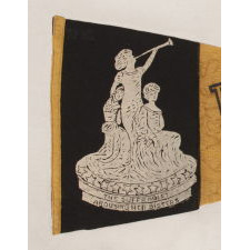 RARE "VOTES FOR WOMEN" PENNANT WITH AN IMAGE OF A 1911 STATUETTE CALLED "SUFFRAGIST" BY ELLA BUCHANNAN; PROBABLY OF NEW YORK ORIGIN, THIS EXACT TEXTILE IS THE PLATE EXAMPLE FROM THE LEADING REFERENCE ON SUFFRAGE-RELATED OBJECTS