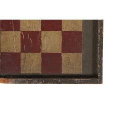 RED, BLACK, AND OCHRE WHITE-PAINTED, FOLDING BACKGAMMON GAME BOARD WITH LEAF-LIKE MEDALLIONS, CIRCA 1870-1890