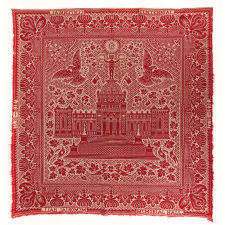 RED & WHITE COVERLET, MADE FOR THE 1876 CENTENNIAL EXPOSITION IN PHILADELPHIA, FEATURING MEMORIAL HALL ART MUSEUM