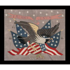 SAILOR’S SOUVENIR EMBROIDERY FROM THE WITH A FLYING, WARLIKE EAGLE SUPERIMPOSED ON A CANTED FEDERAL SHIELD & CROSSED AMERICAN FLAGS, BENEATH A STREAMER WITH THE LATIN MOTTO “E PLURIBUS UNUM,” INTERSPERSED WITH 13 STARS, circa 1890-1910