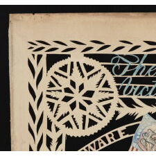 MASTERPIECE QUALITY SCHERENSCHNITTE, WITH A PATRIOTIC EAGLE AND REFERENCE TO THE 1844 NEW YORK CITY MAYORAL ELECTION OF PUBLISHING MAGNATE JAMES HARPER, SIGNED BY NY CAPENTER ROBERT W. LAWRENCE