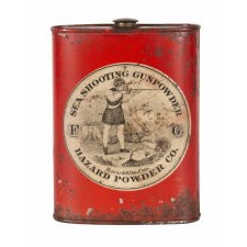 "SEA SHOOTING GUNPOWDER" TIN WITH BITTERSWEET RED-ORANGE COLOR AND AN IMAGE OF A HUNTER WITH A DOG, HORSE, AND DEER, HAZARD POWDER COMPANY, HAZARDVILLE, CT, 1850-1876