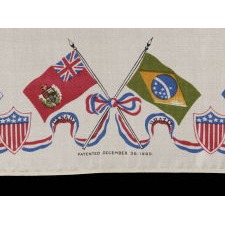 SILK KERCHIEF WITH A LARGE PORTRAIT OF PRESIDENT WILLIAM McKINLEY, FLANKED BY CROSSED PAIRS OF AMERICAN FLAGS, WITH A BORDER OF FLAGS REPRESENTING THE PAN-AMERICAN NATIONS; MADE FOR THE 1901 BUFFALO WORLD'S FAIR, WHERE THE PRESIDENT'S LIFE ENDED IN ASSASSINATION