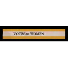 SILK SUFFRAGETTE SASH RIBBON IN YELLOW & WHITE WITH "VOTES FOR WOMEN" TEXT, circa 1910-1915