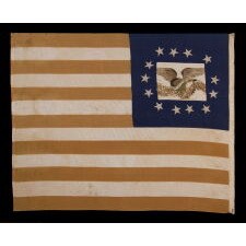 13 STARS IN A LOPSIDED, OVAL WREATH, SURROUNDING A FANCIFULLY HAND-PAINTED EAGLE, SIGNED “J.L. SEARING,” WITH A GARLAND-LADEN STREAMER THAT READS: "UNITED WE STAND, DIVIDED WE FALL", ON A HOMEMADE, ANTIQUE AMERICAN FLAG, WITH 44 STARS ON THE OPPOSING SIDE, MADE IN LOST SPRINGS KANSAS [MARION CO.], FOR A VETERAN OF BOTH THE MEXICAN AND CIVIL WARS WHO SETTLED THERE; REFLECTS THE PERIOD WHEN WYOMING WAS THE MOST RECENT STATE TO JOIN THE UNION, 1890-1896