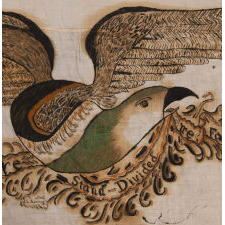 13 STARS IN A LOPSIDED, OVAL WREATH, SURROUNDING A HAND-PAINTED EAGLE, WITH A GARLAND-LADEN STREAMER THAT READS: "UNITED WE STAND, DIVIDED WE FALL", ON A HOMEMADE, ANTIQUE AMERICAN FLAG WITH 44 STARS ON THE OPPOSING SIDE; MADE IN KANSAS, LINKED TO TWO ILLINOIS, UNION ARMY VETERANS; REFLECTS THE PERIOD WHEN WYOMING WAS THE MOST RECENT STATE TO JOIN THE UNION, 1890-1896