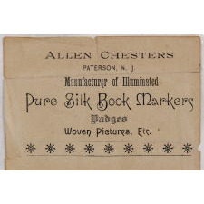 STEVENSGRAPH BOOK MARK WITH AN IMAGE OF GEORGE WASHINGTON, CA 1876-1905, MADE BY PHOENIX MFG. CO. AND SOLD BY ALLEN CHESTERS, BOTH OF PATERSON, NEW JERSEY, WITH THE ORIGINAL PAPER LABEL