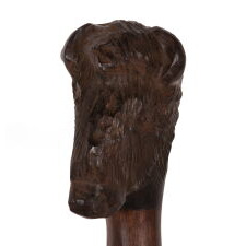SUBSTANTIAL ROSEWOOD CANE WITH A HAND-CARVED BUFFALO HEAD, CA 1940