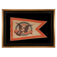 SWALLOW-TAILED PARADE FLAG PENNANT / BANNER, WITH A BOLD ILLUSTRATION OF AN EAGLE CARRYING THE LIBERTY BELL, MADE TO CELEBRATE THE 1876 CENTENNIAL OF AMERICAN INDEPENDENCE; THE ONLY KNOWN EXAMPLE OF ITS KIND