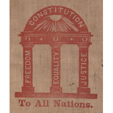 SWALLOW-TAILED PARADE FLAG / BANNER WITH A 37 STAR BORDER AND A CURIOUS ADAPTATION OF THE ARCH FROM THE GEORGIA STATE SEAL WITH THE WORDS “FREEDOM, EQUALITY, AND JUSTICE,” FOLLOWED BY “TO ALL NATIONS,” LIKELY MADE FOR THE 1876 CENTENNIAL INTERNATIONAL EXHIBITION IN PHILADELPHIA; OF A GENERAL TYPE KNOWN TO HAVE BEEN PRODUCED BY THE AMERICAN FLAG COMPANY OF NEW YORK