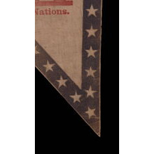 SWALLOW-TAILED PARADE FLAG / BANNER WITH A 37 STAR BORDER AND A CURIOUS ADAPTATION OF THE ARCH FROM THE GEORGIA STATE SEAL WITH THE WORDS “FREEDOM, EQUALITY, AND JUSTICE,” FOLLOWED BY “TO ALL NATIONS,” LIKELY MADE FOR THE 1876 CENTENNIAL INTERNATIONAL EXHIBITION IN PHILADELPHIA; OF A GENERAL TYPE KNOWN TO HAVE BEEN PRODUCED BY THE AMERICAN FLAG COMPANY OF NEW YORK