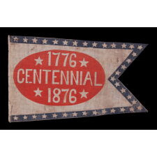 SWALLOW-TAILED PARADE FLAG / PENNANT WITH “1776 CENTENNIAL 1876” SET WITHIN A SUNBURNT, RED-ORANGE, EGG-SHAPED WINDOW, WITHIN A BLUE BORDER WITH 37 STARS; AN EXTREMELY RARE EXAMPLE, MADE TO CELEBRATE THE 100-YEAR ANNIVERSARY OF AMERICAN INDEPENDENCE