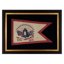 SWALLOW-TAILED PARADE FLAG PENNANT / BANNER WITH AN IMAGE OF THE LIBERTY BELL BEFORE A FANNED ARRAY OF FLAGS & 13 STARS, MADE TO CELEBRATE THE 1876 CENTENNIAL OF AMERICAN INDEPENDENCE, UNIQUE AMONG KNOWN EXAMPLES