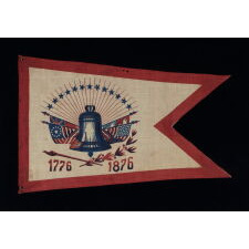 SWALLOW-TAILED PARADE FLAG PENNANT / BANNER WITH AN IMAGE OF THE LIBERTY BELL BEFORE A FANNED ARRAY OF FLAGS & 13 STARS, MADE TO CELEBRATE THE 1876 CENTENNIAL OF AMERICAN INDEPENDENCE, UNIQUE AMONG KNOWN EXAMPLES