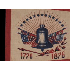 SWALLOW-TAILED PARADE FLAG PENNANT / BANNER WITH AN IMAGE OF THE LIBERTY BELL BEFORE A FANNED ARRAY OF FLAGS & 13 STARS, MADE TO CELEBRATE THE 1876 CENTENNIAL OF AMERICAN INDEPENDENCE, UNIQUE AMONG KNOWN EXAMPLES