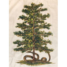ONE OF A TINY GROUP OF SURVIVING ANTIQUE AMERICAN FLAGS THAT INCLUDES A RATTLESNAKE, IN A VARIANT OF CLOSELY RELATED DESIGNS FLOWN BY THE COLONIAL MASSACHUSETTS NAVY (1775-1776) & POSSIBLY BY THE PENNSYLVANIA NAVY ON THE DELAWARE RIVER (1775 – 1778), ALL WITH A GREEN PINE TREE AS THE CENTRAL DEVICE ON A WHITE FIELD; THIS EXAMPLE MADE circa 1910-1926, WITH A RATTLESNAKE COILED ABOUT ITS BASE AND TWO SLOGANS: “AN APPEAL TO GOD” & “DON’T TREAD ON ME”