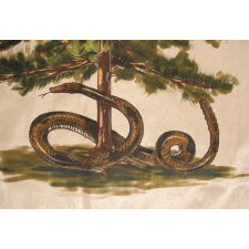 ONE OF A TINY GROUP OF SURVIVING ANTIQUE AMERICAN FLAGS THAT INCLUDES A RATTLESNAKE, IN A VARIANT OF CLOSELY RELATED DESIGNS FLOWN BY THE COLONIAL MASSACHUSETTS NAVY (1775-1776) & POSSIBLY BY THE PENNSYLVANIA NAVY ON THE DELAWARE RIVER (1775 – 1778), ALL WITH A GREEN PINE TREE AS THE CENTRAL DEVICE ON A WHITE FIELD; THIS EXAMPLE MADE circa 1910-1926, WITH A RATTLESNAKE COILED ABOUT ITS BASE AND TWO SLOGANS: “AN APPEAL TO GOD” & “DON’T TREAD ON ME”