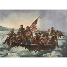 “WASHINGTON CROSSING THE DELAWARE,” OIL ON CANVAS, IN AN IMPRESSIVE SCALE, BY ITALIAN-AMERICAN ARTIST LUIGI AVOLIA (1887-1947); AFTER THE 1851 VIEW BY EMANUEL LEUTZE; FOUND IN A HOUSE APPROXIMATELY ONE MILE FROM WHERE THE CROSSING TOOK PLACE; RENDERED IN THE PATRIOTISM OF THE 1926 SESQUICENTENNIAL OF AMERICAN INDEPENDENCE
