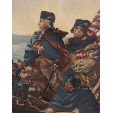 “WASHINGTON CROSSING THE DELAWARE,” OIL ON CANVAS, IN AN IMPRESSIVE SCALE, BY ITALIAN-AMERICAN ARTIST LUIGI AVOLIA (1887-1947); AFTER THE 1851 VIEW BY EMANUEL LEUTZE; FOUND IN A HOUSE APPROXIMATELY ONE MILE FROM WHERE THE CROSSING TOOK PLACE; RENDERED IN THE PATRIOTISM OF THE 1926 SESQUICENTENNIAL OF AMERICAN INDEPENDENCE