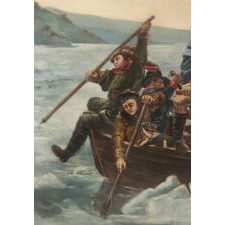 “WASHINGTON CROSSING THE DELAWARE,” OIL ON CANVAS, IN AN IMPRESSIVE SCALE, BY ITALIAN-AMERICAN ARTIST LUIGI AVOLIA (1887-1947); AFTER THE 1851 VIEW BY EMANUEL LEUTZE; FOUND IN A HOUSE APPROXIMATELY ONE MILE FROM WHERE THE CROSSING TOOK PLACE; RENDERED IN THE PATRIOTISM OF THE 1926 SESQUICENTENNIAL OF AMERICAN INDEPENDENCE