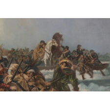 “WASHINGTON CROSSING THE DELAWARE,” OIL ON CANVAS, IN AN IMPRESSIVE SCALE, BY ITALIAN-AMERICAN ARTIST LUIGI AVOLIA (1887-1947); AFTER THE 1851 VIEW BY EMANUEL LEUTZE; FOUND IN A HOUSE APPROXIMATELY ONE MILE FROM WHERE THE CROSSING TOOK PLACE; RENDERED IN THE PATRIOTISM OF THE 1926 SESQUICENTENNIAL OF AMERICAN INDEPENDENCE