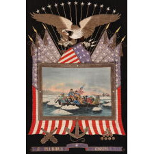 ELABORATE SAILOR’S SOUVENIR EMBROIDERY FROM THE ORIENT WITH A BEAUTIFUL HAND-PAINTED IMAGE OF WASHINGTON CROSSING THE DELAWARE, SURROUNDED BY A LARGE EAGLE, FEDERAL SHIELD, CROSSED FLAGS, A CANNON, CANNONBALLS, AND ANCHOR, circa 1885-1910