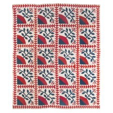 WINTERBERRY PATTERN QUILT WITH FLYING GEESE, IN PATRIOTIC COLORS AND WITH EXCEPTIONAL GRAPHIC IMPACT, ENTIRELY HAND-PIECED AND HAND-QUILTED, CIRCA 1860-1870’s