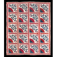 WINTERBERRY PATTERN QUILT WITH FLYING GEESE, IN PATRIOTIC COLORS AND WITH EXCEPTIONAL GRAPHIC IMPACT, ENTIRELY HAND-PIECED AND HAND-QUILTED, CIRCA 1860-1870’s