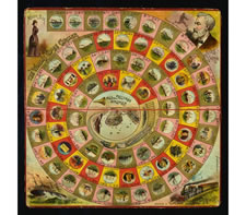 "THE WORLD'S GLOBE CIRCLER" BOARD GAME GAMEBOARD, BASED ON JULES VERNE'S "AROUND THE WORLD IN 80 DAYS", 1890-1900
