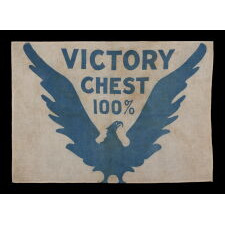 WWI BOND DRIVE FLAG WITH A WHIMSICAL & ARTISTICALLY COMPELLING EAGLE, PERCHED DIRECTLY ON THE LOWER EDGE OF THE TEXTILE, WITH WINGS UPSTRETCHED IN A “V” FOR “VICTORY,” CRADLING THE SLOGAN: “VICTORY CHEST 100%;” PRUSSIAN BLUE ON A WHITE GROUND; LIKELY MADE FOR THE 5th BOND SUBSCRIPTION, ISSUED MAY 20th, 1919